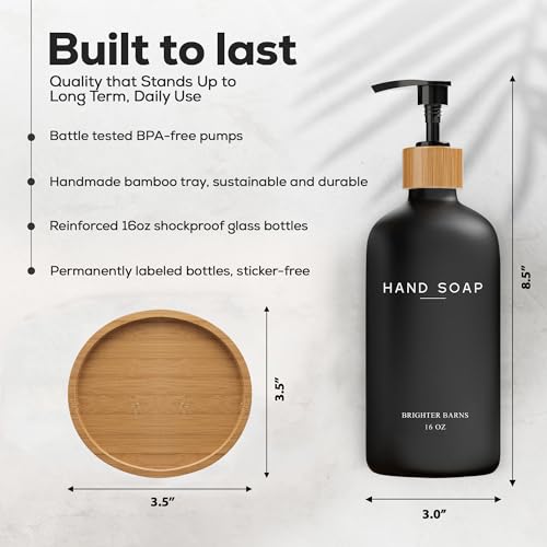 Black Glass Hand Soap Dispenser Bathroom Set by Brighter Barns - Bathroom Soap Dispenser Set with Tray - Glass Pump Bottle - Luxury Bathroom Accessories for Hotel, Vacation Rental, Restaurants (Black) - color: Black H