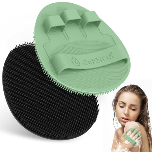 New Silicone Shower Scrubber with Straps, 360° Anti-Slip & Enlarged Body Scrubber for Rich Foaming Deep Cleaning, Revolutionary No-Grip & Hand-fit Bath Glove for All Skin Types(Black+Green) - color: Black+green