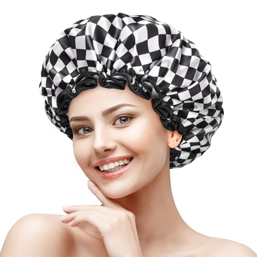 mikimini Shower Cap for Women and Girls, Elegant Chessboard Design,Double-layer Waterproof, Reusable, Washable, No Odor, Medium - size: Medium (Pack of 1)