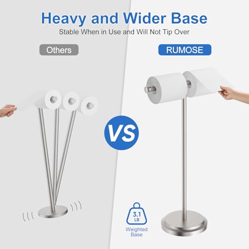 RUMOSE Toilet Paper Holder Stand Double Toilet Roll Holder for Floor | Brushed Nickel, 24" H, Bathroom Free standing Tissue Roll Holder, Rustproof, Weighted Base, Stainless Steel