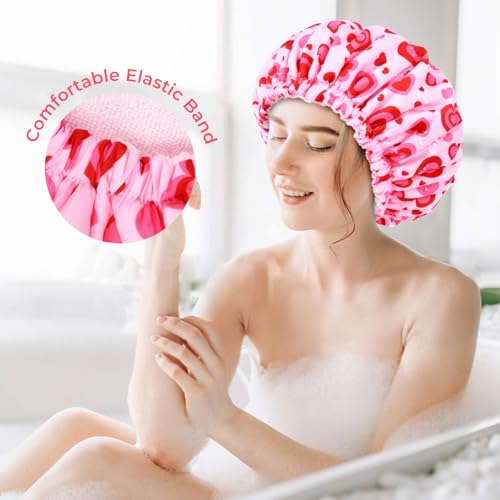 Shower Cap for Women Terry Lined Bath Cap Large Reusable Waterproof Elastic Band Pink Love Shower Caps for Long Thick Hair Soft Bath Shower Hair Caps - color: Pink Cute Hearts