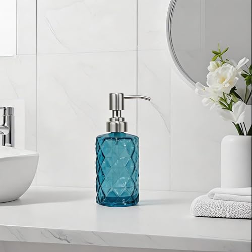 12Oz Blue Glass Soap Dispenser with Stainless Steel Pump, Refillable Kitchen Liquid Hand Soap Dispenser with Diamond Design, for Dispense Hand soap, Dish Soap, Lotion, Bathroom, Countertop, Hotel - color: Diamond Blue