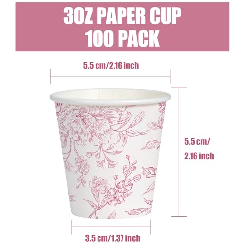 WRAPAHOLIC 3oz Paper Cups - 100 Pack Disposable Bathroom Cups with Toile Red Floral Design, Small Mouthwash Cup for Toothbrush Rinse, Home Bathroom, Picnic, BBQ, Travel and Party - color: Toile Red Floral