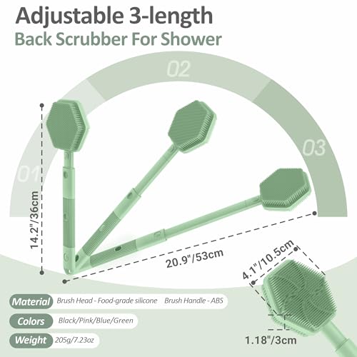 Silicone Back Scrubber for Shower, 16''-21''Extendable Shower Back Scrubber with Dual-Side Large Brush Head, 3-Length Back Brush Bath Brush with Strong Handle & Rich Foaming Bristles(Green) - color: Green