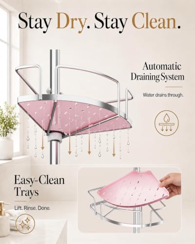 ALLZONE Corner Shower Caddy Tension Pole, 4 Hang-On Basket with Mixed-Height Shelves for Various Bottle Sizes, Extra Hooks & Soap Holder, Rustproof Stainless Steel, Fits 34–116 Inch, Silver/Pink - color: Silver/Pink