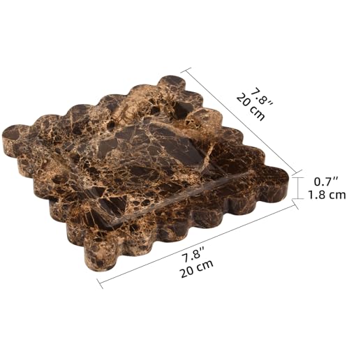 Square Marble Decorative Tray with Scalloped Edge,Luxury Natural Stone Bathroom Vanity Tray, Dresser Top Perfume Coffee Home Kitchen Sink Tray, Key Trinket Ring (Dark Brown, 8 * 8) - color: Dark Brown, size: 8" x 8" x 0.8"