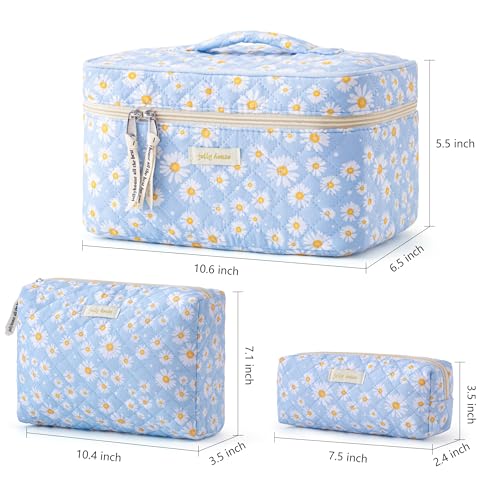 HBselect Quilted Makeup Bag, 3PCS Cotton Large Travel Makeup Bag, Cute Floral Coquette Make up Bag Cosmetic Bag Toiletry Bag for Women Girls - color: A-3PCS-Daisy
