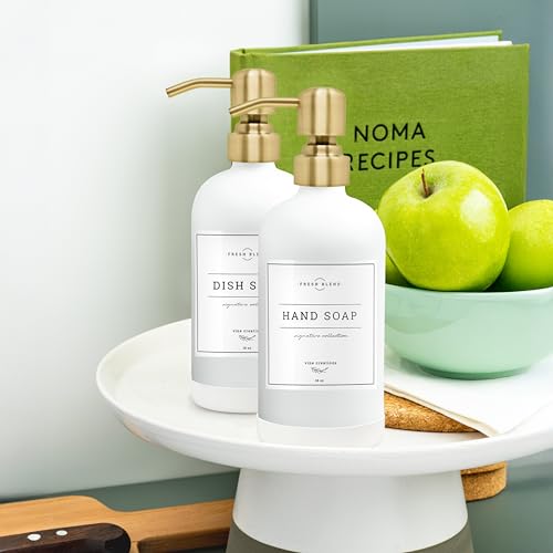 Vine Creations White Glass Soap Dispenser, 2 Pack Kitchen Soap Dispenser Set with Stainless Steel Pump, 16 oz Dish Soap and Hand Soap Dispensers for Bathroom with Waterproof Labels - color: Matte White Bottle / Brushed Gold Pump