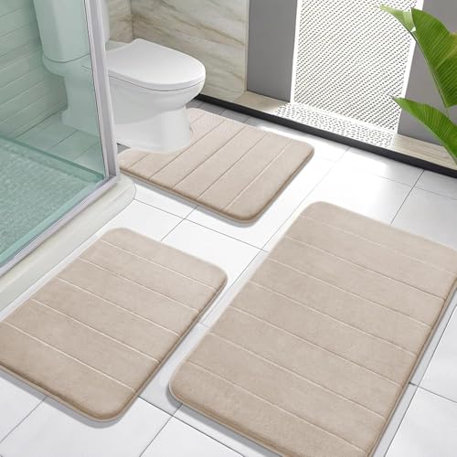Yimobra Memory Foam Bath Mat Set 3 Pieces- Super Soft Absorbent Quick Dry Bathroom Rug Sets, Machine Washable Non Slip Floor Carpet for Tub Shower, Vanity & Toilet Base, Beige - color: Beige, size: 31.5''x20'' +17''x24'' + 24''x20''