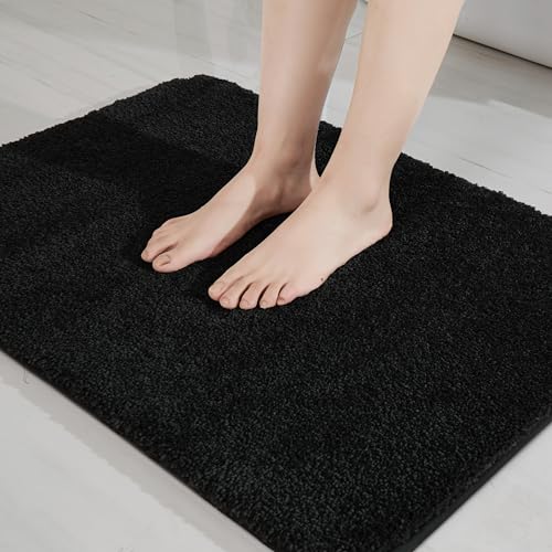 COSY HOMEER Bathroom Rugs Mat 16”x24” Absorbent Non-Slip Bath Mat Plush Shaggy Machine Washable Bath Rugs Soft Polyester Bath Mats for Bathroom Floor,Tub and Shower,Black - color: Black, size: 1'4" X 2' (Rectangular)