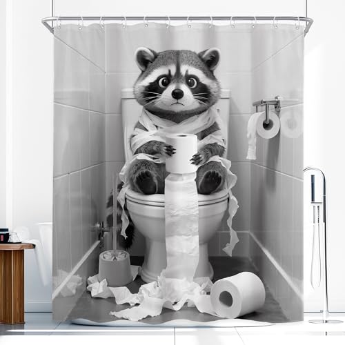 Newsely Funny Raccoon Shower Curtain 60Wx72L Inch Black White Animal Roll Paper Hilarious Sitting on the Toilet Bathroom Set Lovely Wildlife Boy Kid Waterproof Bath Decoration Accessories Home Decor - color: P-raccoon, size: 60"W x 72"L (Pack of 1)