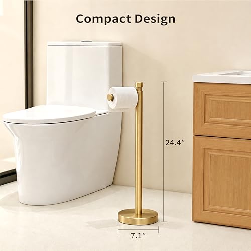 YUMORE Toilet Paper Holder Stand, 4.4lbs Heavy Duty Stainless Steel Free Standing Bathroom Tissue Roll Holder, Brushed Gold - color: Gold