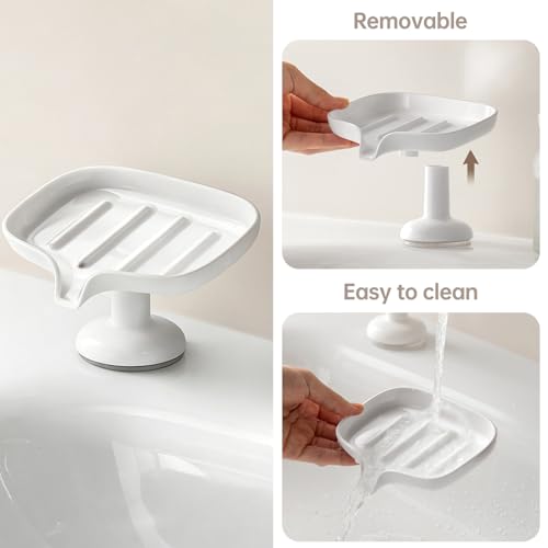 PAVSTINE Self-Draining Soap Dish with Suction Cup, Stand Bar Soap Holder, No Drill Removable Sponge Tray for Shower, Bathroom, Kitchen Sink, Easy to Clean & Keeps Dry, White