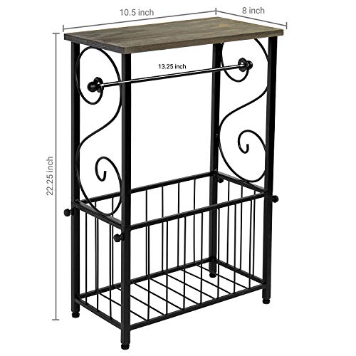 MyGift Toilet Paper Roll Holder Stand and Magazine Organizer Rack with Gray Solid Wood Display Shelf, Freestanding Bathroom Storage, Scrollwork Black Metal - color: Gray