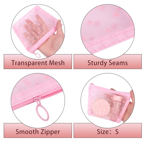 6 Pieces Zipper Mesh Makeup Bags Set, Nylon Cosmetic Bags Portable Clear Toiletry Bas Travel Organizer Bags for Office Travelling Organization (Pink Heart Printed, Assorted Size) - color: Pink Heart Printed