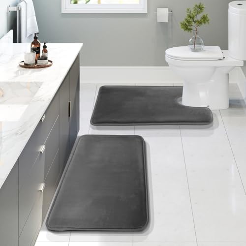 Clara Clark Bathroom Rugs, Velvet Memory Foam Bath Mat, Non-Slip Bath Rugs, Machine Wash, Dries Quickly, Ultra Soft Plush Bath Mats for Bathroom, - color: Dark Grey, style: 20 x 32 + Contour