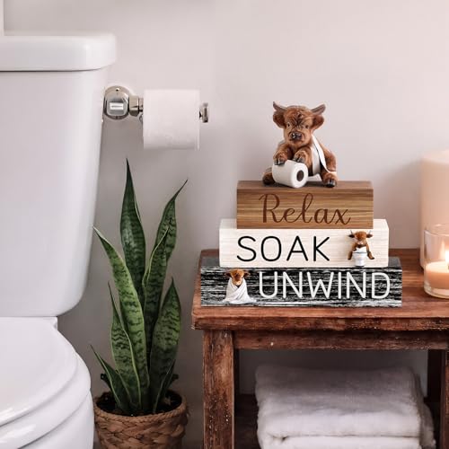 Cinnvoice 4 Pcs Highland Cow Bathroom Decor Farmhouse Bathroom Decoration Western Relax Soak Unwind Table Centerpiece Gift for Christmas Valentines Back to School - style: Relax Soak Unwind