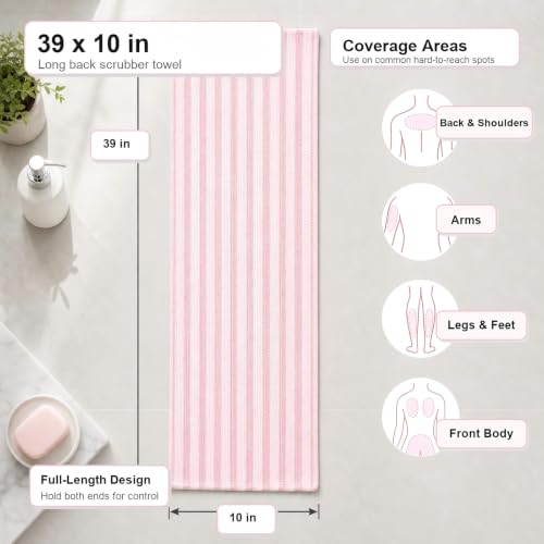 Exfoliating Shower Towel, Cotton-Blend Back Scrubber（Pink） | 39 x 10 in, dual-sided texture, quick-dry mesh, washable for home, gym, travel - color: Pink