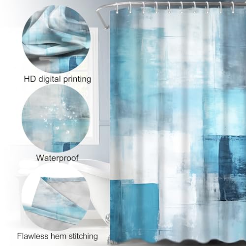 Lnond 4Pcs Bathroom Shower Curtain Sets with Rugs,Turquoise White Painting Art Bathroom Sets with Shower Curtain and Rugs and Accessories - color: Turquoise White