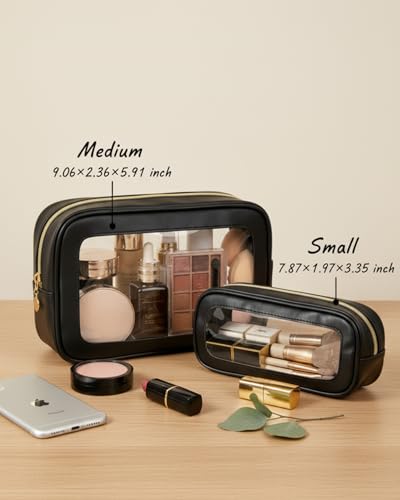 2Pcs Clear Makeup Bags Set, Clear Travel Makeup Brush Holder Leather Makeup Case Toiletry Bag with Zipper Portable Cosmetic Pouch Waterproof Makeup Brush Storage Bag Car Bag for Essentials - color: 2Pcs Black
