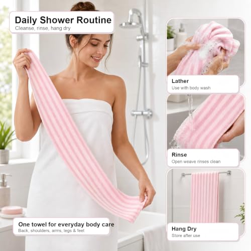Exfoliating Shower Towel, Cotton-Blend Back Scrubber（Pink） | 39 x 10 in, dual-sided texture, quick-dry mesh, washable for home, gym, travel - color: Pink