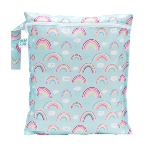 Bumkins Waterproof Wet Bag for Baby, Travel, Swim Suit, Cloth Diapers, Pump Parts, Pool, Beach, Gym Clothes, Toiletry, Hook to Stroller, Daycare, Zipper Reusable Wetdry Packing Pouch, Rainbows Blue - color: H3 Rainbows, style: Wet Bag