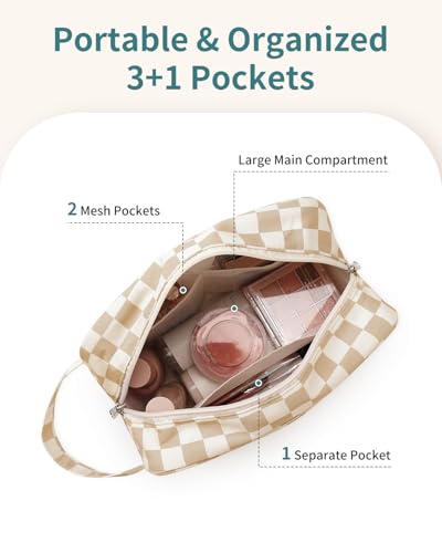 Narwey Checkered Travel Toiletry Bag for Women Traveling Dopp Kit Travel Bag for Toiletries Cosmetic Bag Makeup Bag Medicine Bag for Traveling (Light Brown Checkerboard) - color: B-Light Brown Checkerboard