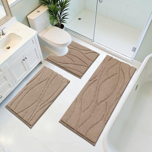 Bsmathom Bathroom Rugs Sets 3 Piece, Soft Non Slip Microfiber Bath Mat and U-Shaped Contour Toilet Rug, Machine Washable Absorbent Shaggy Bathroom Set, Brown - color: Brown