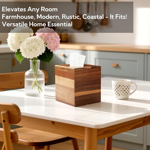 Wooden Tissue Box Cover 6 Pack - Acacia Wood Tissue Box Holder for Bathroom, Office & Farmhouse Decor, Decorative Square Covers for Tabletop Stands - color: Dbrown