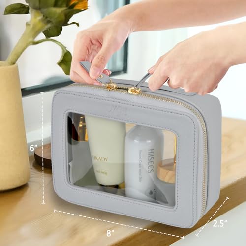 NGIL Clear Faux Leather Travel Toiletry Bag, Makeup Bag Organizer for Women, Clear Window & Gold Zipper Makeup Bag, Road Trip Essential, Skincare, Cruise Ship Essentials (Grey) - color: Grey