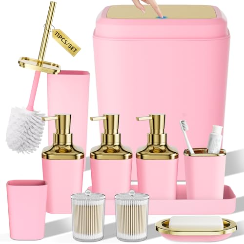 Bathroom Set - 11PC Bathroom Accessory Set, Bathroom Accessories Set, Pink Bathroom Set, Push-lid Trash Can, 3PC Soap Dispensers, Toilet Brush & Q-tip Holders - color: Light Pink & Gold, size: Bath Set