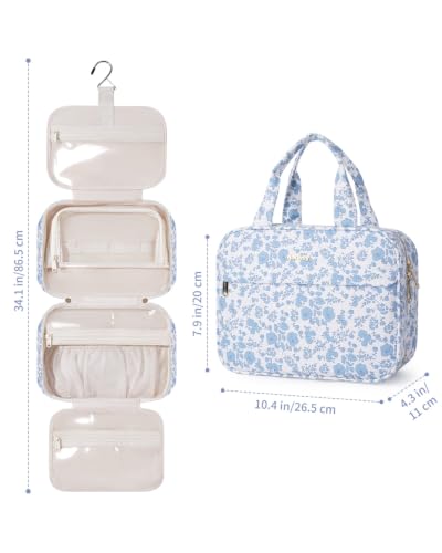 Narwey Floral Hanging Toiletry Bag, Travel Makeup Organizer Cosmetic Make up Bags for Women, Travel Toiletries Essentials Accessories (Blue Flower, Medium) - color: C-Blue Flower, size: Medium