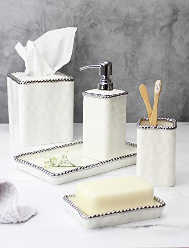 Pampa Bay VAN2720W Soap Dish with Silver Beads, 5.5-inch Length, Porcelain