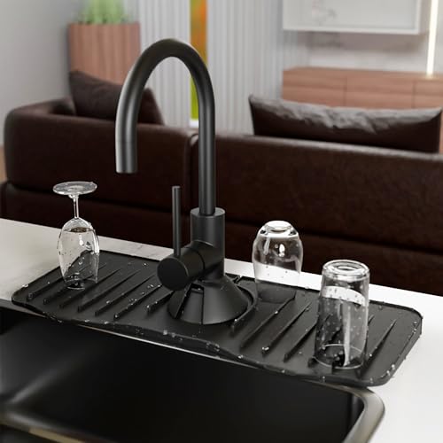 Black Kitchen Sink Splash Guard Behind Faucet. Food-Grade Silicone Kitchen Faucet Splash Guard for Bathroom, RV. Durable Faucet Absorbent Mat for Kitchen Sink with Flexible Petals, Grooves