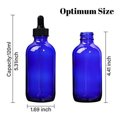 12 Pack 4oz Cobalt Blue Glass Bottles with Glass Eye Droppers for Essential Oils, Perfumes & Lab Chemicals (Brush, Funnels, 2 Extra Droppers, 24 Pcs Labels & 30ml Measuring Cup Included) - color: Cobalt Blue