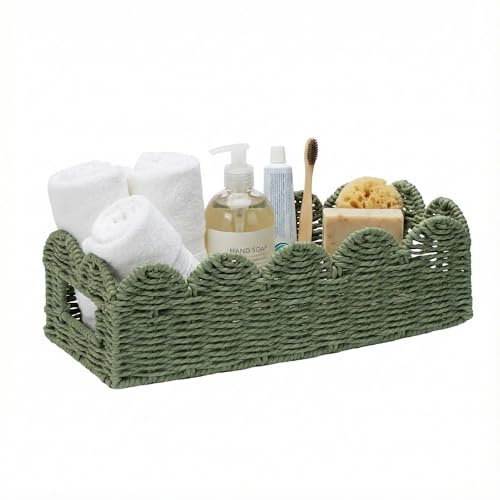 Sage Green Scalloped Toilet Tank Basket — Paper Rope Woven Toilet Paper Holder for Back of Toilet, Scalloped Wicker Tray, Boho Bathroom Organizer and Storage for Tank Top, Countertop & Small Spaces - color: Green