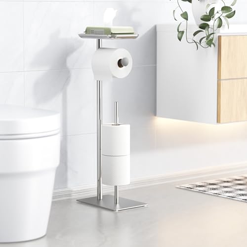 Toilet Paper Holder Stand with Top Storage Shelf, Free Standing Toilet Roll Dispenser for Bathroom, Holds 4 Reserve Rolls - color: Silver