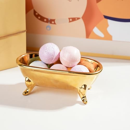 6.7" Ceramic Mini Clawfoot Bathtub Bar Soap Dish, Decorative Bar Soap Holder, Soap Tray Sponge Holder for Shower, Bathroom & Kitchen Sink (Gold) - color: Gold