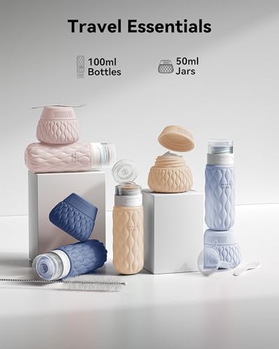 Silicone Travel Bottles for Toiletries 8 Pack Travel Size Toiletries 3.4 oz 1.7 oz, Leakproof Squeeze Travel Size Containers Refillable Cosmetic Jars Set for Shampoo, Conditioner, Creams - color: Muted Cloudy-3.4oz/1.7oz