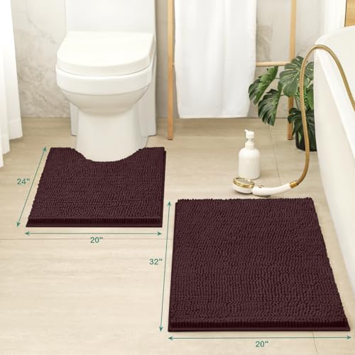 HOMEIDEAS Bathroom Rugs Set 2 Pieces, Ultra Soft Non Slip Absorbent Chenille Toilet Bath Mat Set (Brown) - color: Brown-brown, size: 1'8" x 2'8" (U Shape 20"x24"+20"x32")