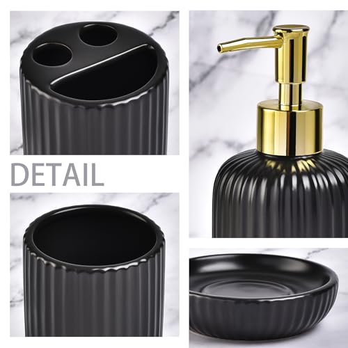 Black Bathroom Accessories Set, 4PC Ceramic Bathroom Sets Complete-Toothbrush Holders, Soap Dispenser, Soap Dish, Toothbrush Cup, Stylish Black Gold Bathroom Decor, Bathroom Organizer for Countertop - size: GBlack-4pcs
