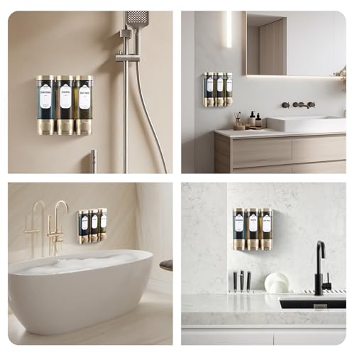 Shampoo and Conditioner Dispenser, Refillabe Shower Soap Dispensers 3 Chamber No Drill Shampoo Dispenser for Shower Wall Mounted 3 * 300ml Container for Bathroom Hotel (Bronze Gold 3 Chamber)