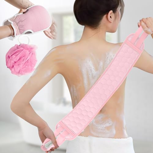 Back Scrubber Set, 3Pcs Bath Gloves and Shower Loofah Sponge for Body Scrub and Daily Shower Cleaning(Light Pink) - color: Light Pink