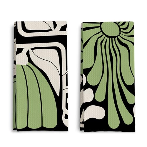 Abstract Boho Green and Beige Floral Kitchen Towels Set of 2, Retro 70s Groovy Floral Hand Towels for Bathroom Decor, Modern Minimalist Botanical Dish Tea Towels for Kitchen Decor, 16x24 Inch - color: Boho Green
