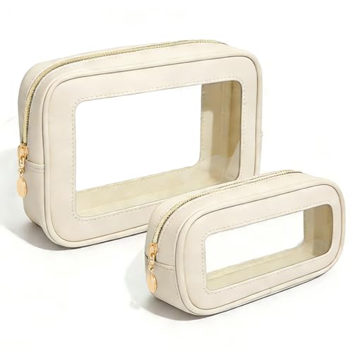 2Pcs Clear Makeup Bags Set, Clear Travel Makeup Brush Holder Leather Makeup Case Toiletry Bag with Zipper Portable Cosmetic Pouch Waterproof Makeup Brush Storage Bag Car Bag for Essentials - color: 2Pcs White
