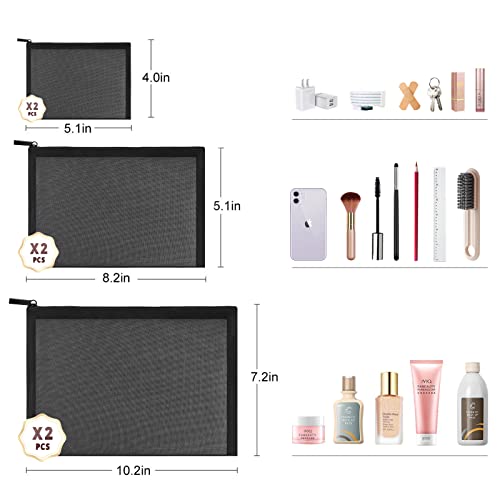 EASYFUN 6 Pieces Mesh Cosmetic Bag With Zipper Portable Travel Organizing Zipper Pouch Toiletries Makeup Pouches For Home Travel Accessories Diaper Bag - color: Pitch-black