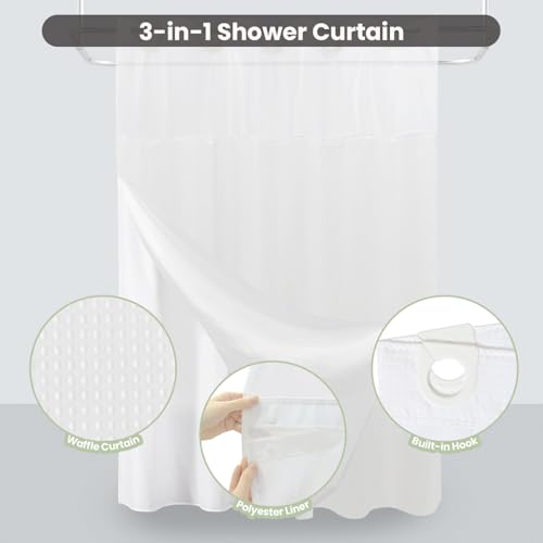Inhousolu No Hook Shower Curtain with Snap-in Fabric Liner, Waffle Weave 230 GSM Polyester, Weighted Hem, Water Repellent Washable, Mesh Top Window 72" W x 72" L White - color: White, size: 72"W x 72"L (Pack of 1)