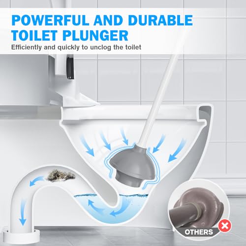 Toilet Plunger and Brush Set, Silicone Bowl Brush and Heavy Duty Toilet Plunger with Ventilated Holder, 2-in-1 Toilet Brush and Plunger Combo for 5.3-inch Toilet Drain Bathroom Deeply Cleaning - color: White & Grey01