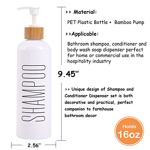 HOMCDALY Shampoo and Conditioner Dispenser, 16oz 3-Pack Refillable Shampoo and Conditioner Bottles, Empty Shampoo Bottles Refillable with Bamboo Pump, Bathroom Shower Shampoo Dispenser Set - color: White&bamboo Pump