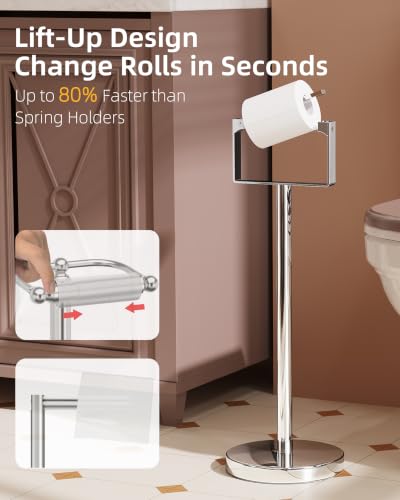 RUACQ Toilet Paper Holder Stand, Stainless Steel Toilet Paper Holder Free Standing, Weighted Base Floor Tissue Roll Holder for Bathroom (Chrome, 1 Pack) - color: Chrome, size: Free Standing